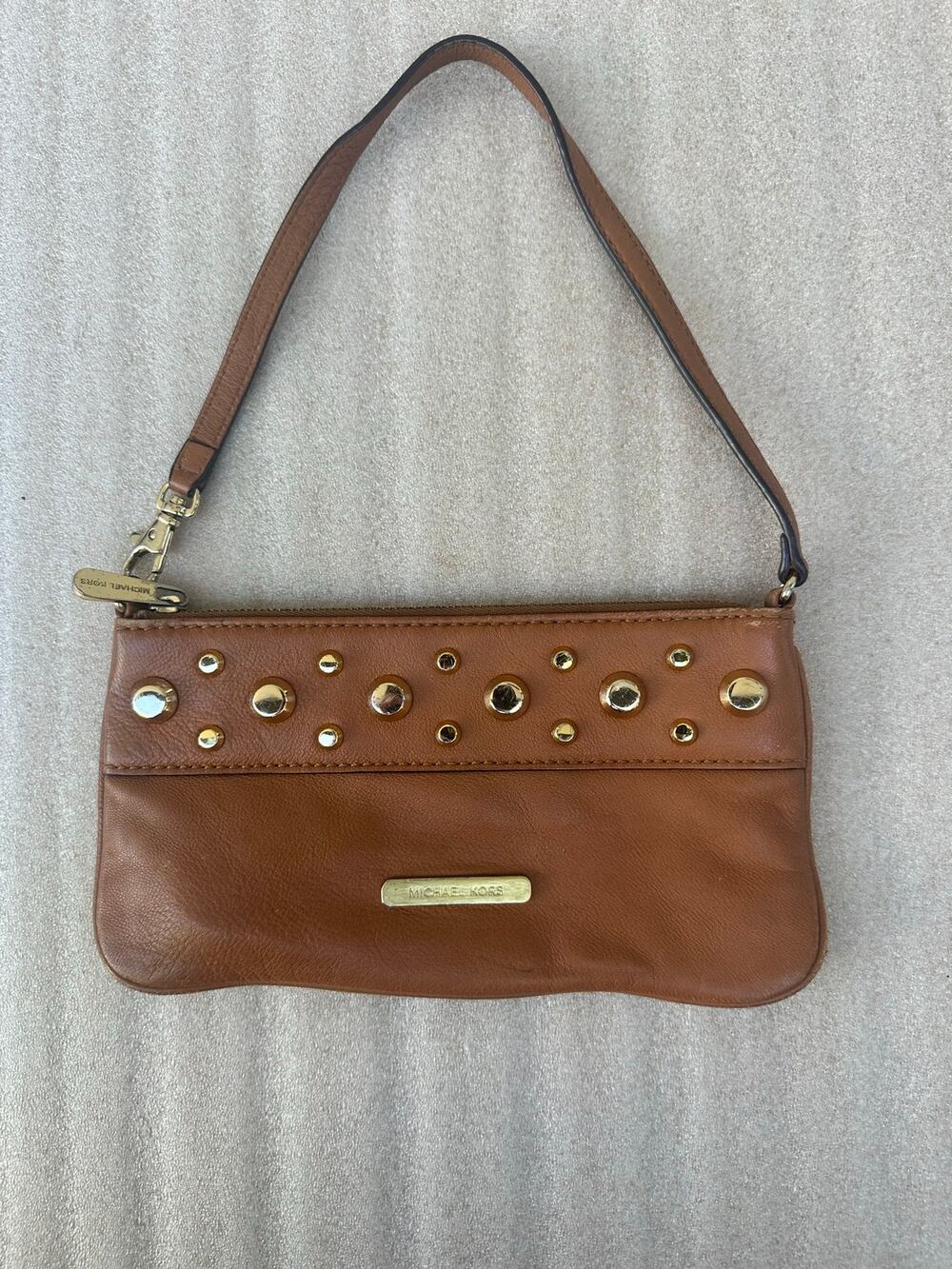 Michael Kors Brown Leather Studded Wristlet Clutch Shoulder Bag Gold Hardware
